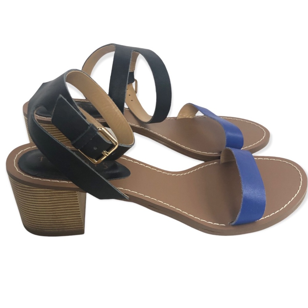 Talbots Leather Block Heel Ankle Strap Sandals blue black sz 7.5M
